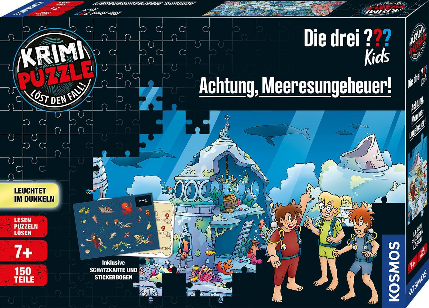 Die Drei??? Bambini - Puzzle del crimine - Attento al mostro marino Da KOSMOS 680664, 150 pezzi, Si illumina al buio, Lettura, puzzle, risoluzione di enigmi, puzzle da detective per bambini dai 7 anni in su Puzzle Naty Shop Titolo predefinito