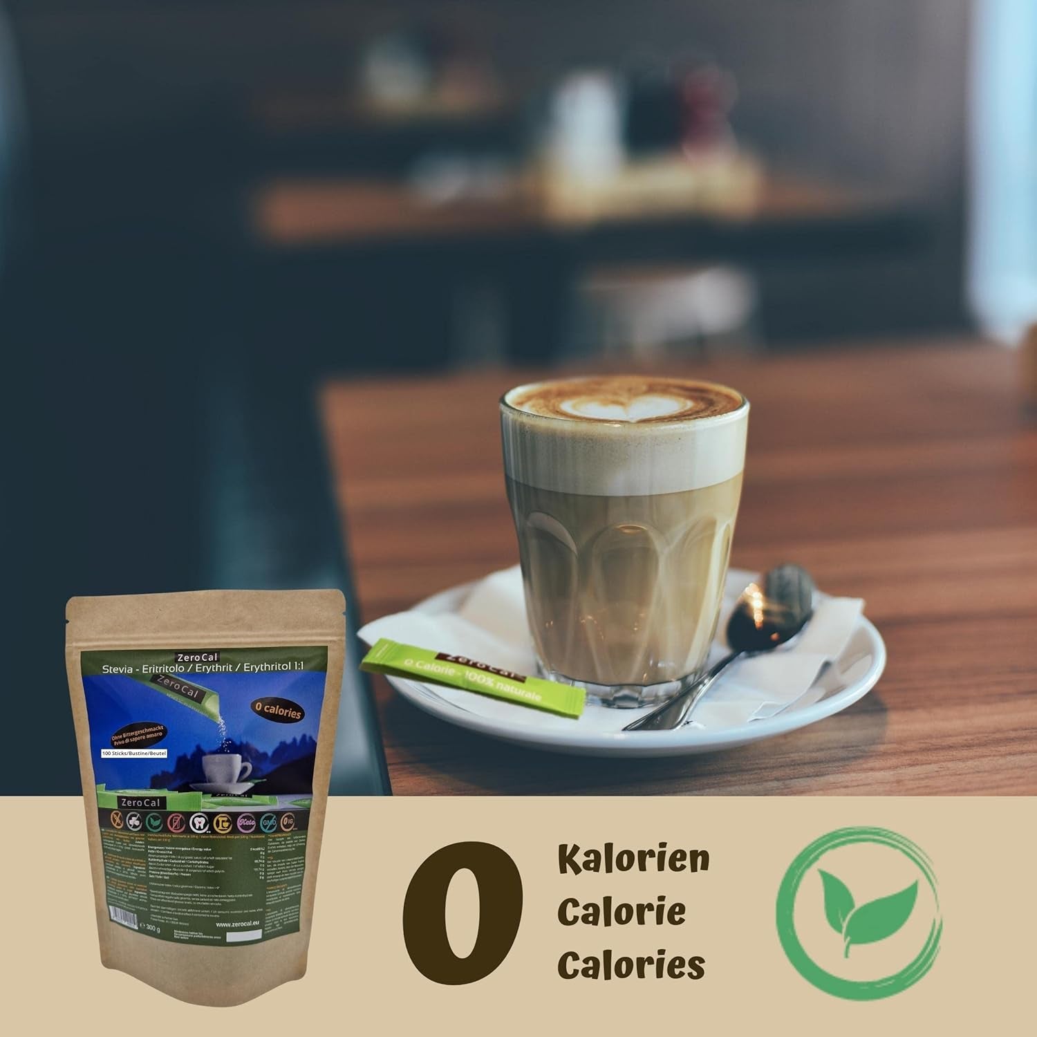 Zerocal - 1:1 (Eritritolo + Stevia) 100 Stick Je 3 G | Ideale per dolcificare caffè, tè e altre bevande Gleiche Süßkraft Von Zucker | Senza glutine, vegano, senza OGM | Kalorien und GI = 0 Dolcificanti Naty Shop