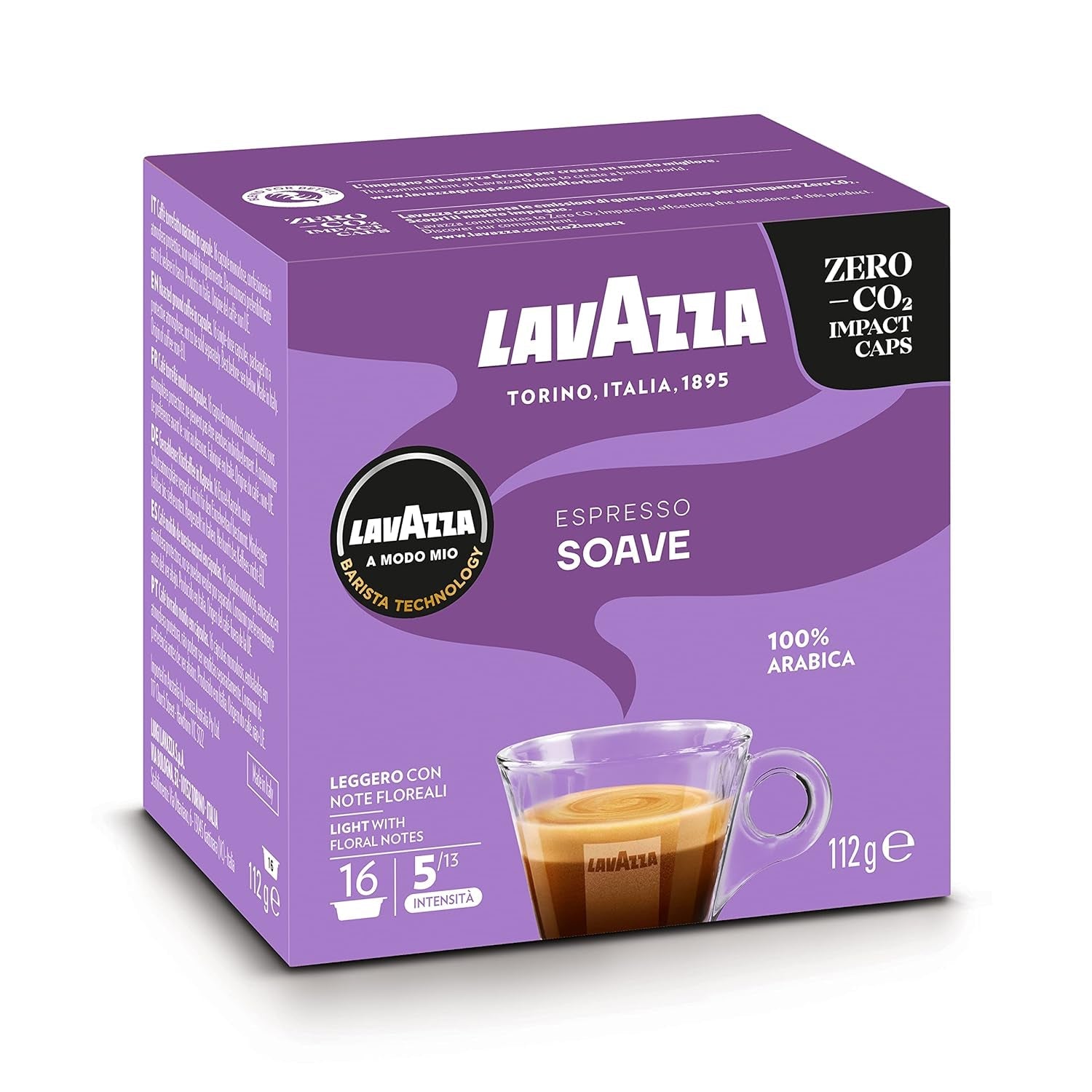 Lavazza, A Modo Mio Soave 256 Kaffeekapseln, für einen leichten und eleganten Espresso mit aromaticschen Noten von Blumen, 100% Arabica, Intensität 5/13, medium Röstung, 16 Packungen mit je 16