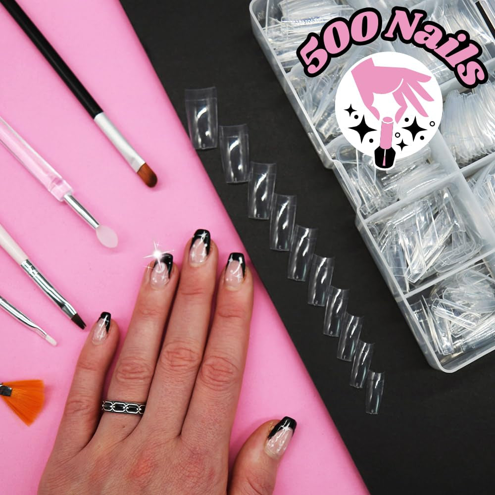 TRIXES 500 punte per unghie in gel, punte per unghie francesi, in acrilico trasparente, per manicure fai-da-te, 10 modelli diversi