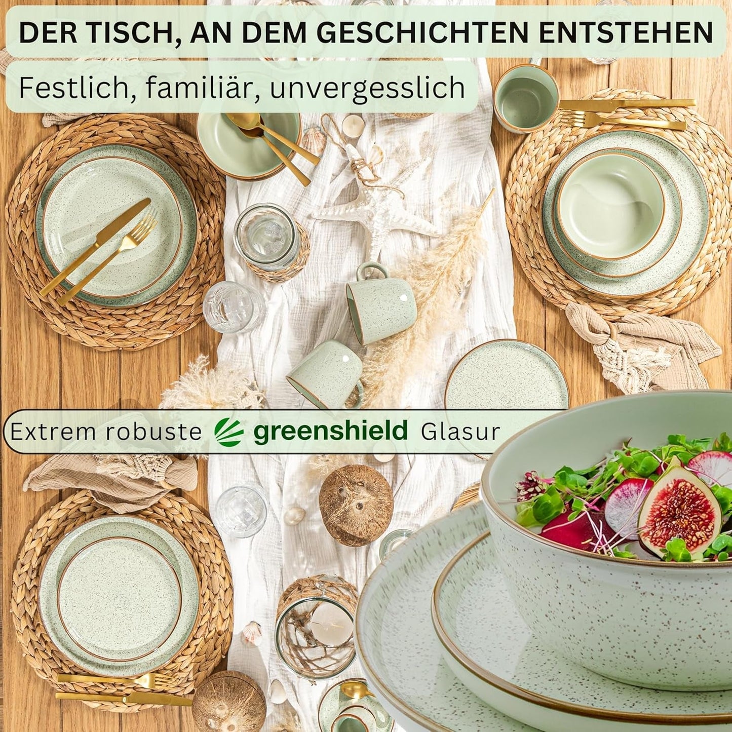 SÄNGER Rio Menta | Set di Stoviglie in Gres per 6, 6 Piatti, 6 Piatti da Dessert, 6 Ciotole, Verde Menta | LA COLLEZIONE DI VALORE