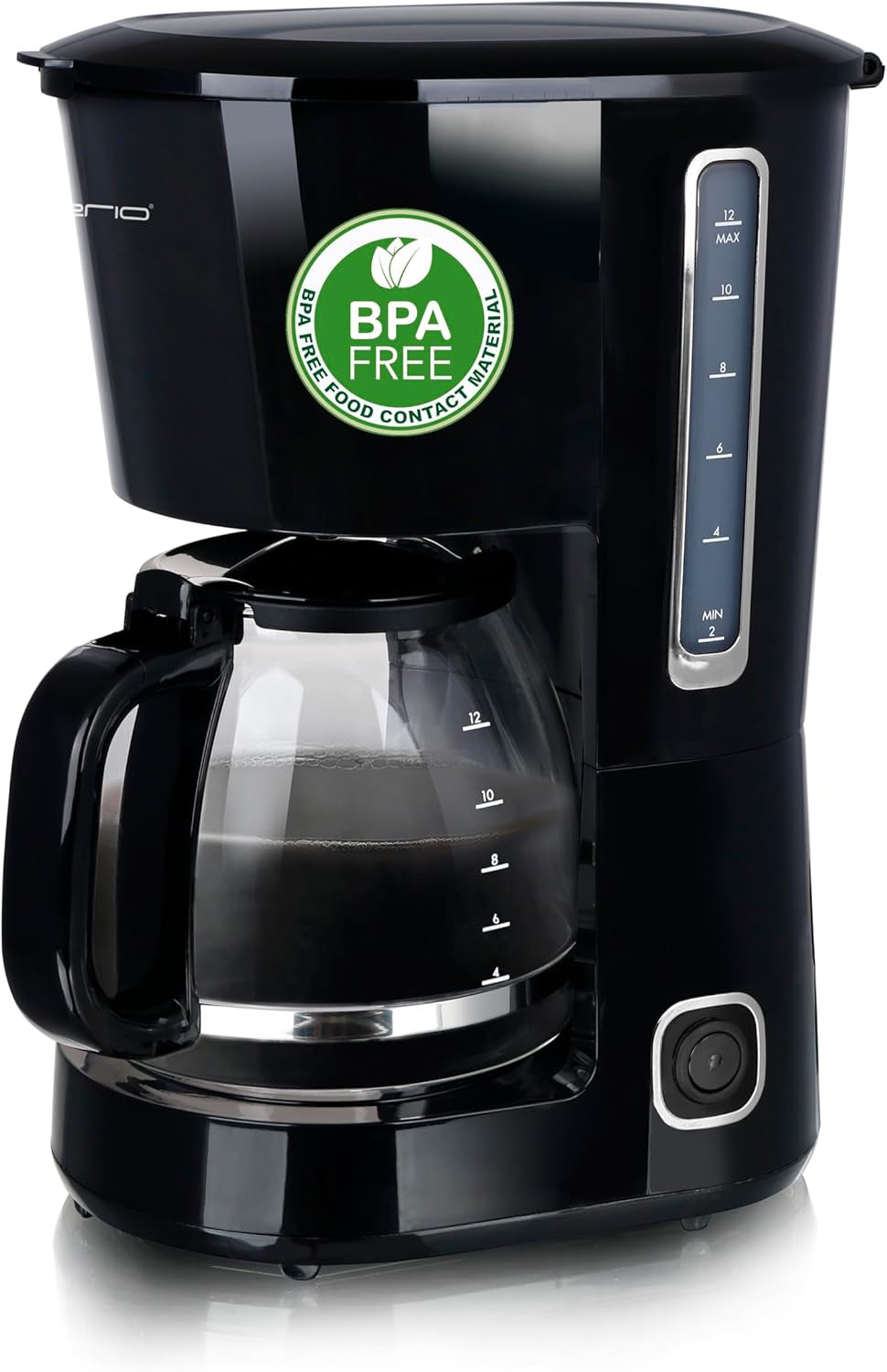 Emerio CME-122933, Macchina da caffè con filtro, 1,25 L per un massimo di 10 tazze di caffè fresco, filtro rimovibile permanente, funzione antigoccia, caraffa in vetro, spegnimento automatico, 1000 watt, nero/argento