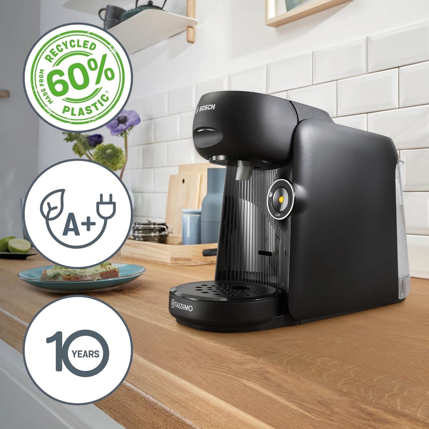 Macchina per caffè espresso a capsule Bosch Tassimo finesse TAS162E, 70 bevande, caffè più intenso premendo un pulsante, spegnimento automatico, sostenibile, dosaggio perfetto, 1400 W, nero/nero