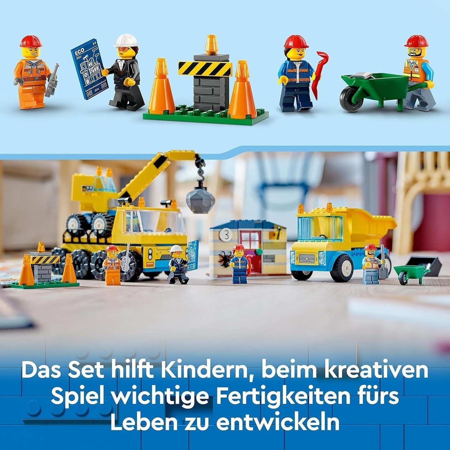 LEGO City 60391 Veicoli da costruzione e gru da demolizione, escavatore, autocarro con cassone ribaltabile e veicolo da trasporto, giocattolo educativo per bambini dai 4 anni in su Set di costruzione Besuche den LEGO-Store