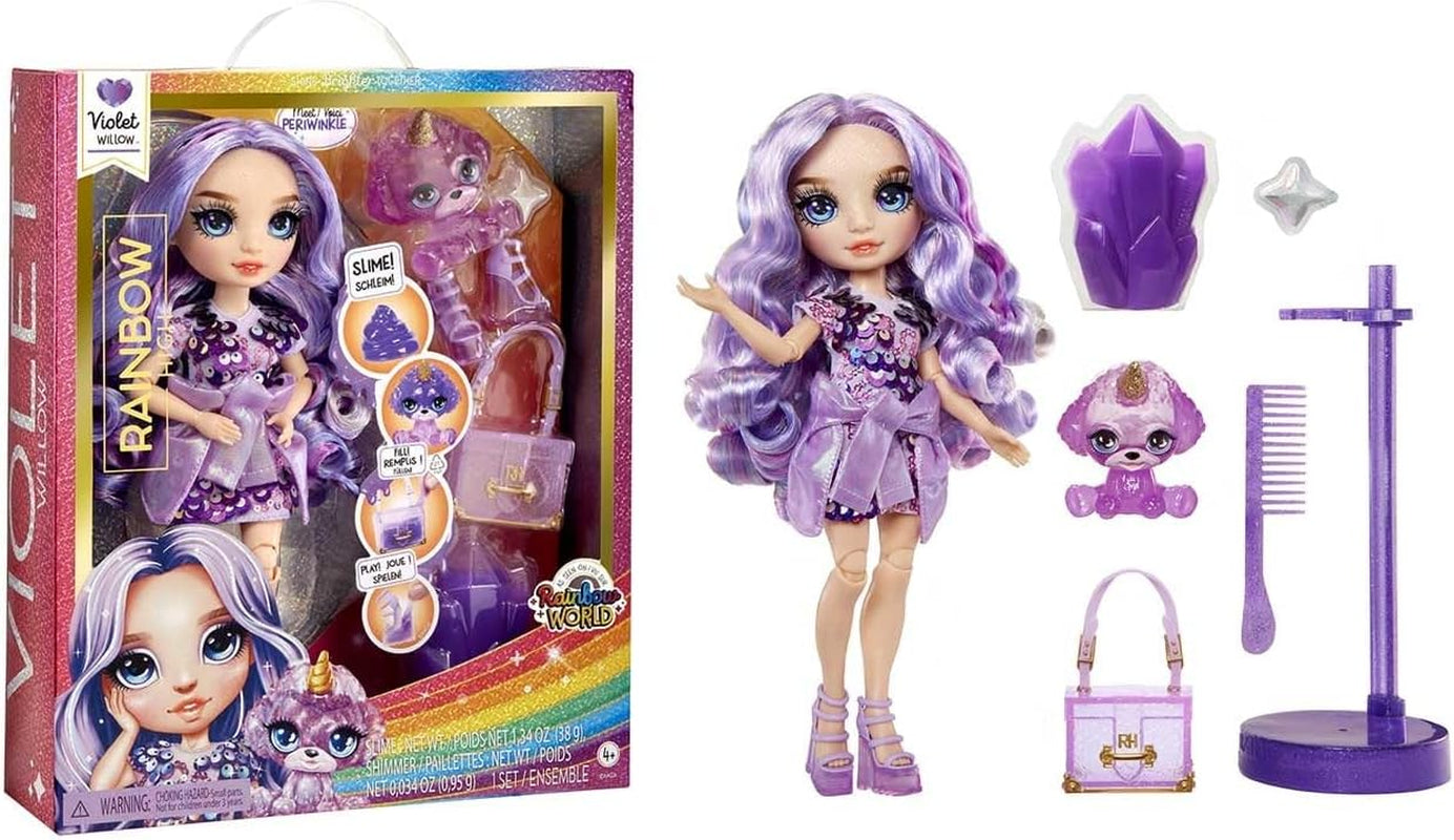 Bambola Alta Moda Arcobaleno con Slime e Animale Domestico - Viola - 28 cm Bambola Glitter con Slime Glitter, Animale Domestico Magico e Accessori Moda - Giocattolo per Bambini - Ideale per 4-12 Anni