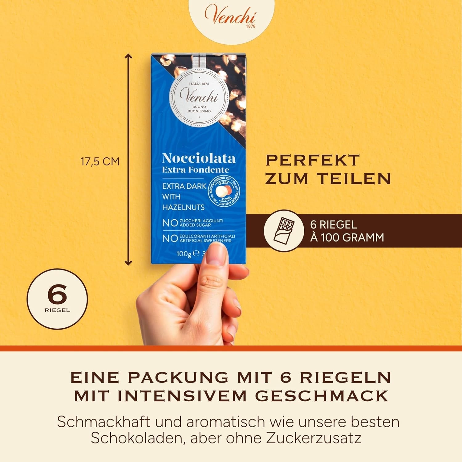 Venchi - Confezione da 6 tavolette di cioccolato fondente con nocciole, 600g - Senza zuccheri aggiunti - Senza dolcificanti artificiali - Senza glutine - Vegan - Idea regalo