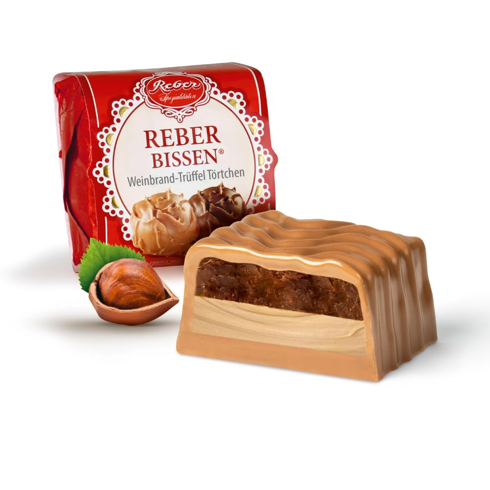 Reber Bites Torta Cioccolato e Tartufo, tartufi al brandy su cremoso torrone, ricoperto di delicato cioccolato al latte alpino, 40g (1 pezzo)