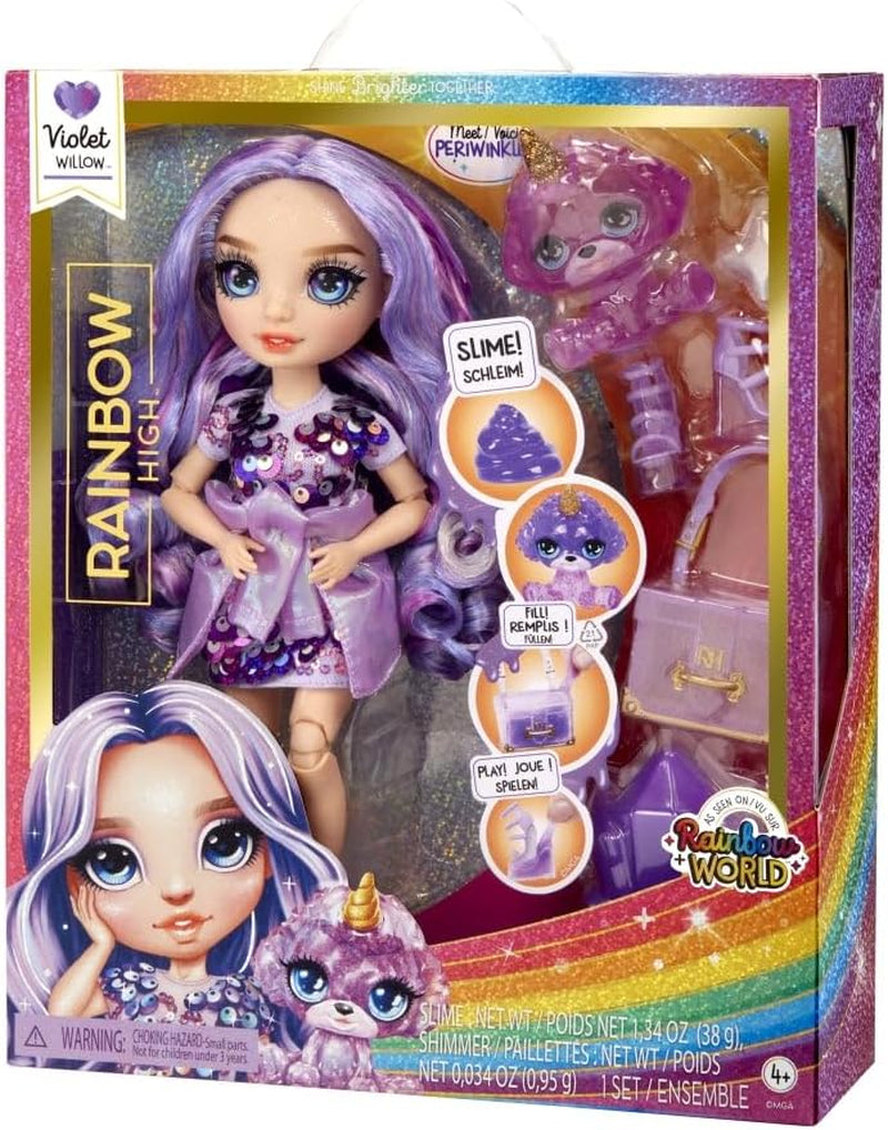Bambola Alta Moda Arcobaleno con Slime e Animale Domestico - Viola - 28 cm Bambola Glitter con Slime Glitter, Animale Domestico Magico e Accessori Moda - Giocattolo per Bambini - Ideale per 4-12 Anni