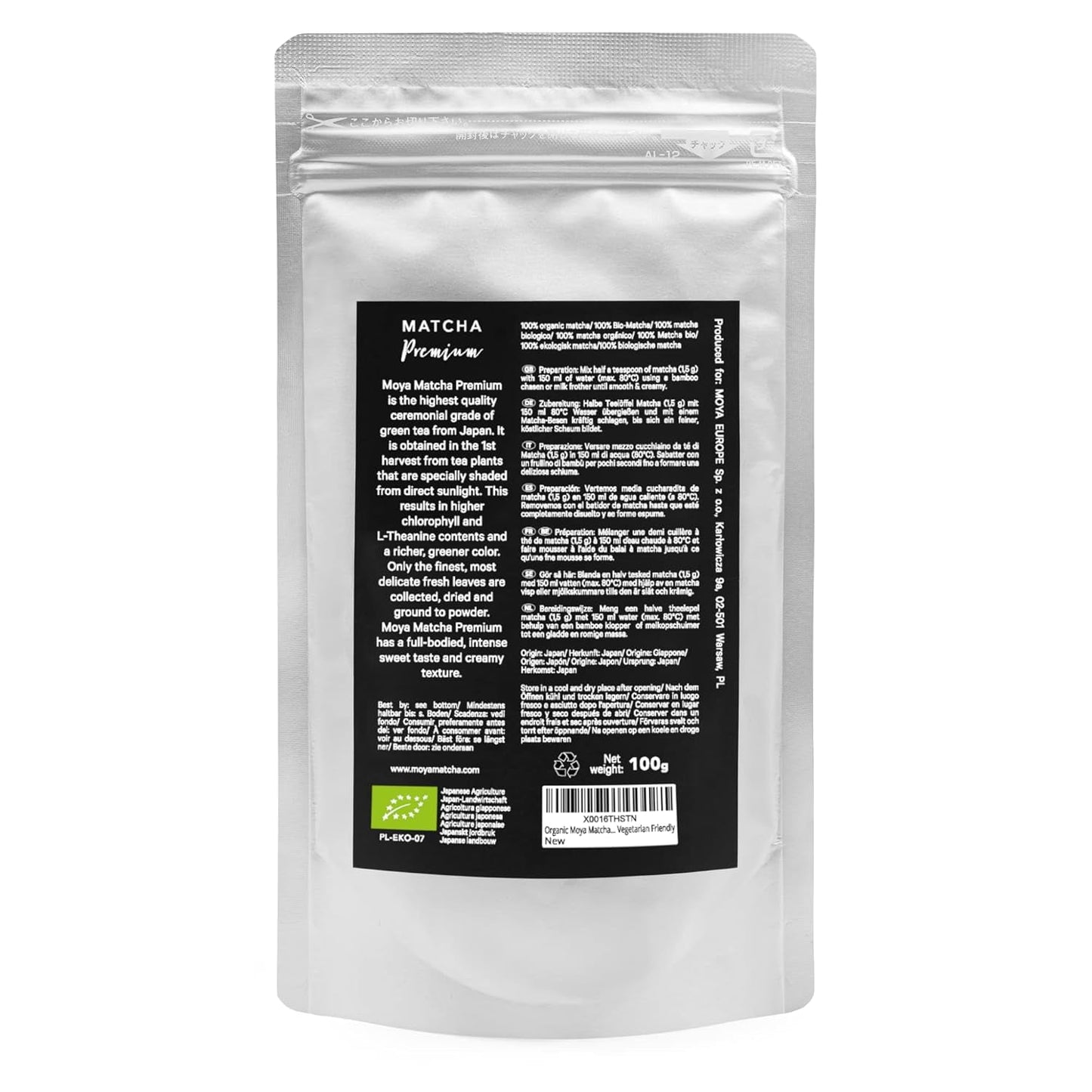 Polvere di tè verde biologico Moya Matcha | 100 g qualità premium per cerimonia | Coltivato e raccolto biologicamente a Uji, in Giappone | Tè verde matcha in polvere | Ideale per la cerimonia giapponese del tè all'acqua