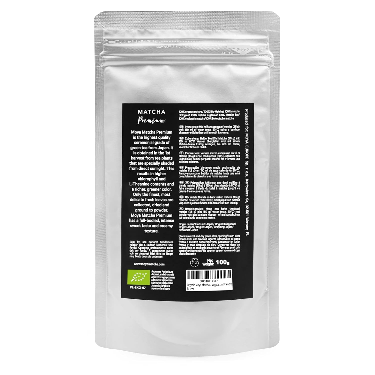 Polvere di tè verde biologico Moya Matcha | 100 g qualità premium per cerimonia | Coltivato e raccolto biologicamente a Uji, in Giappone | Tè verde matcha in polvere | Ideale per la cerimonia giapponese del tè all'acqua