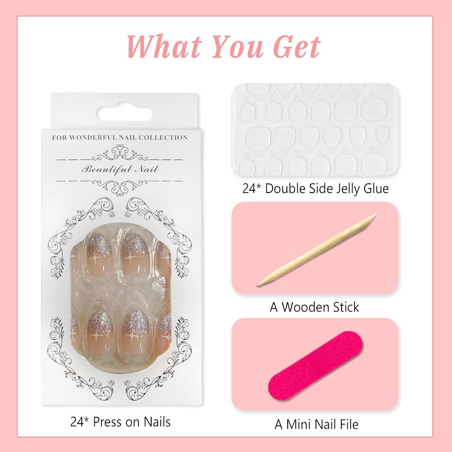 24 pezzi French Press On Nails Breve design argento lucido Unghie artificiali ovali Colla su unghie lucide acriliche Unghie finte per donne ragazze