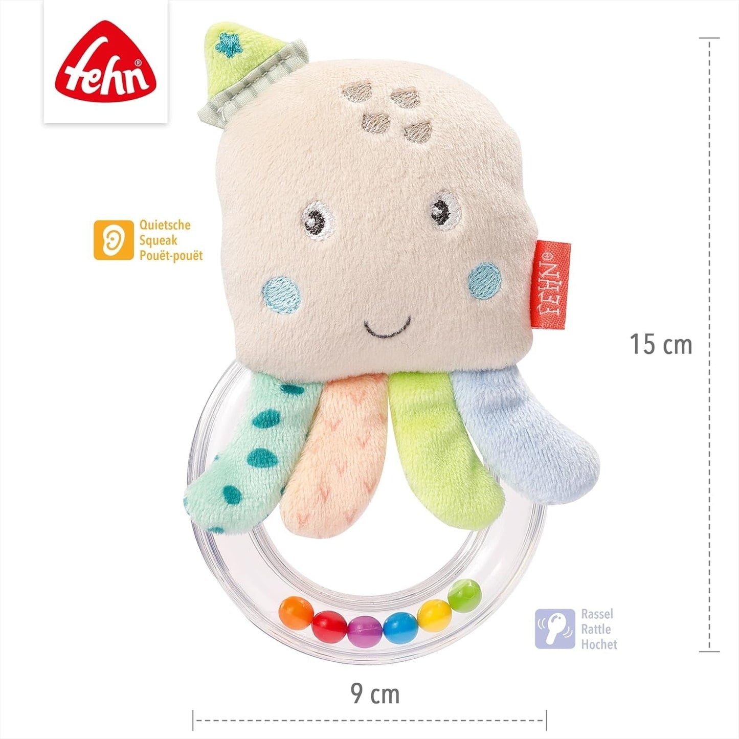 Fehn campanello giocattolo a forma di polpo - sonaglio, cigolio, sensazione motoria - peluche per neonati con tessuto morbido - giocattolo per neonati e bambini da 0+ mesi Baby Toys Naty Shop