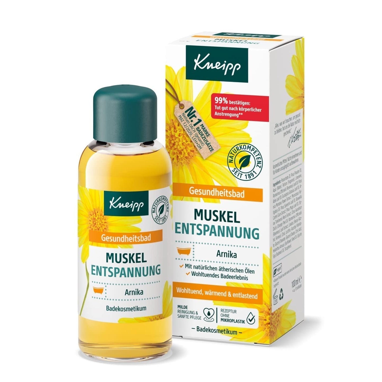 Bagno Kneipp, Rilassamento muscolare, Olio da bagno con estratto di arnica e oli essenziali delle specie Cabreuva, Rosmarino e Pinus, rivitalizza e cura dopo lo sforzo fisico, 100 ml Naty Shop