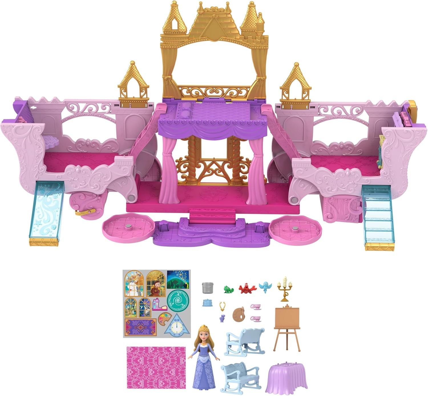 Mattel Disney Princess Playset trasformabile dalla carrozza al castello con la piccola bambola Aurora, 3 livelli, 6 aree gioco, 4 personaggi, mobili e accessori HWX17 Naty Shop Dolls