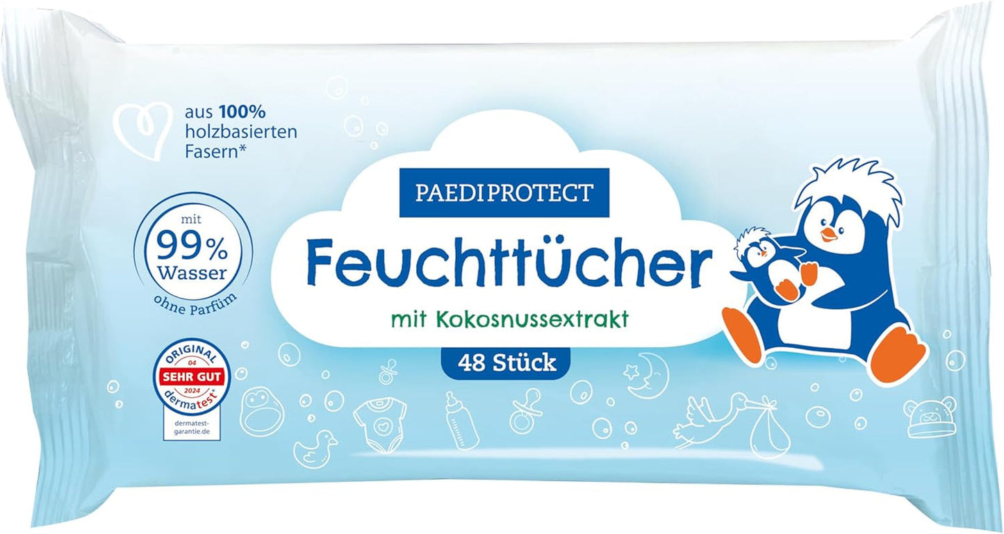 Salviette umide PAEDIPROTECT 1 x 10 pezzi, salviette umide per bambini sensibili con acqua al 99% d'acqua, senza profumo, per pelle delicata di neonati e bambini, con estratto di cocco, senza microplastiche, vegane (confezione da 5)