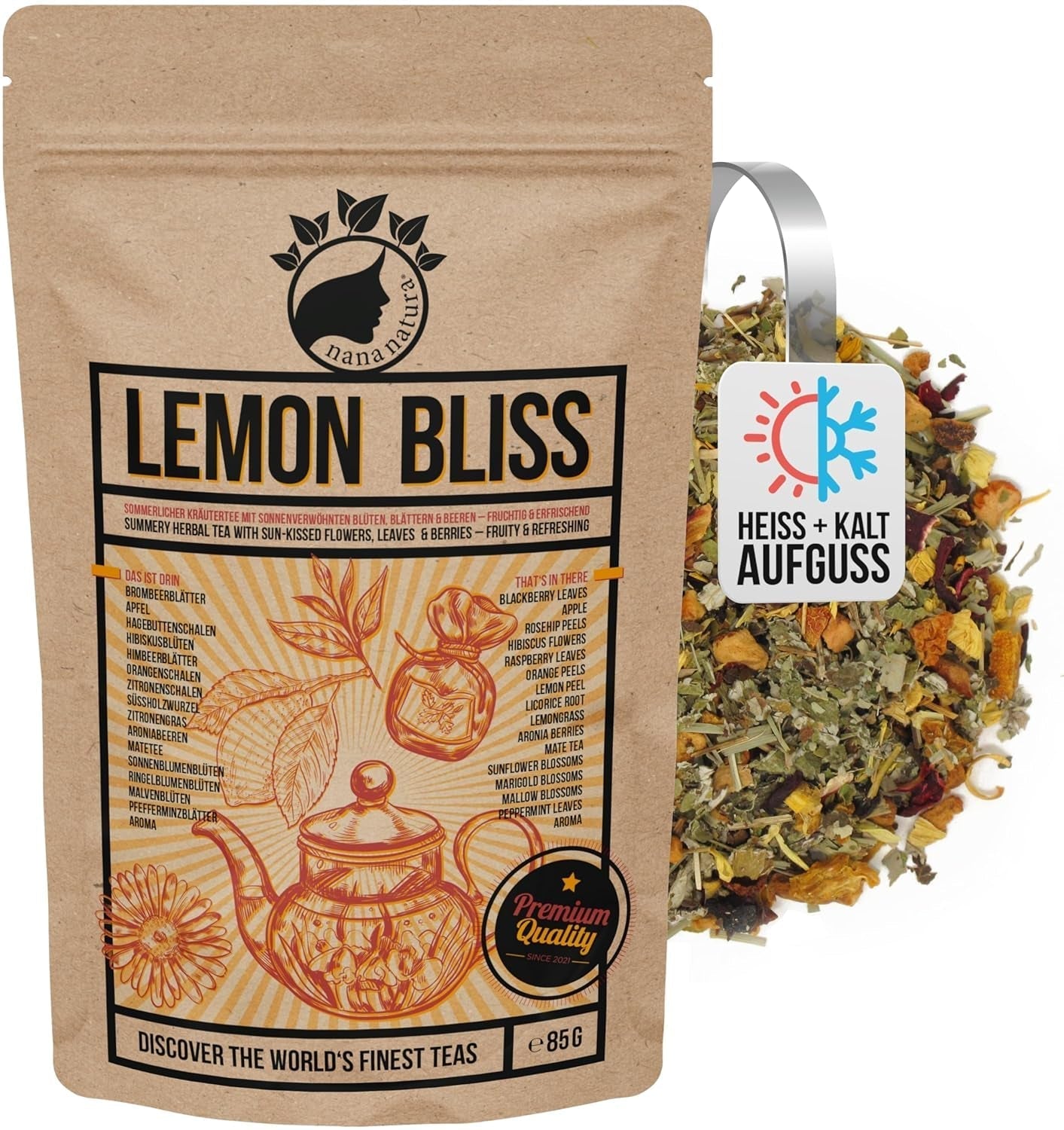 TÈ originale AL LIMONE BLISS di Nananatura 85G | Tisana estiva fruttata e rinfrescante | Come tè freddo, tè freddo o classico caldo | Con fiori, foglie e bacche maturate al sole | Niente zucchero