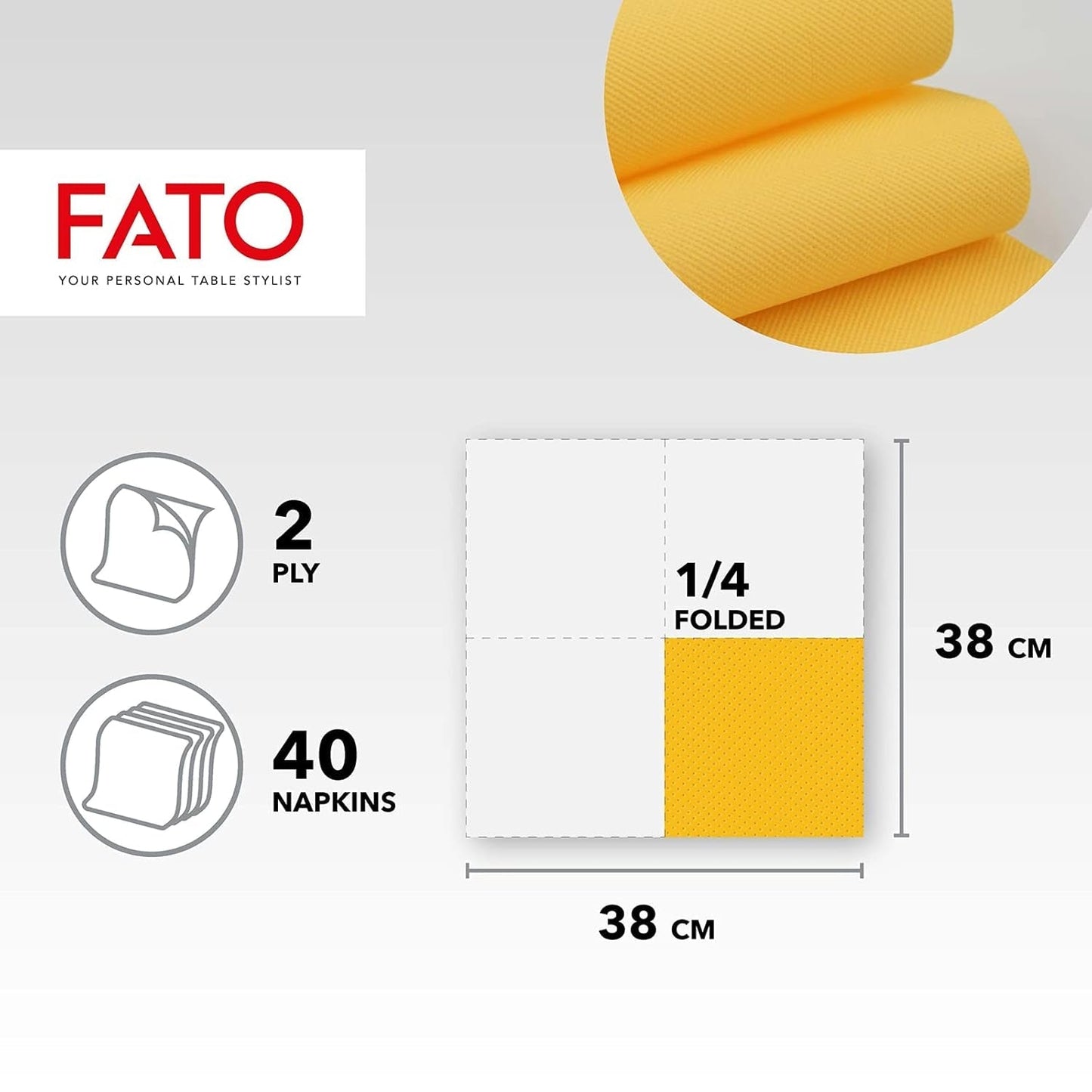 - Carta velina usa e getta morbida e delicata, confezione da 40 fazzoletti, misura 38X38 piegati in 4, 2 strati, colore giallo, carta di pura cellulosa 100%, certificata FSC (confezione da 2)