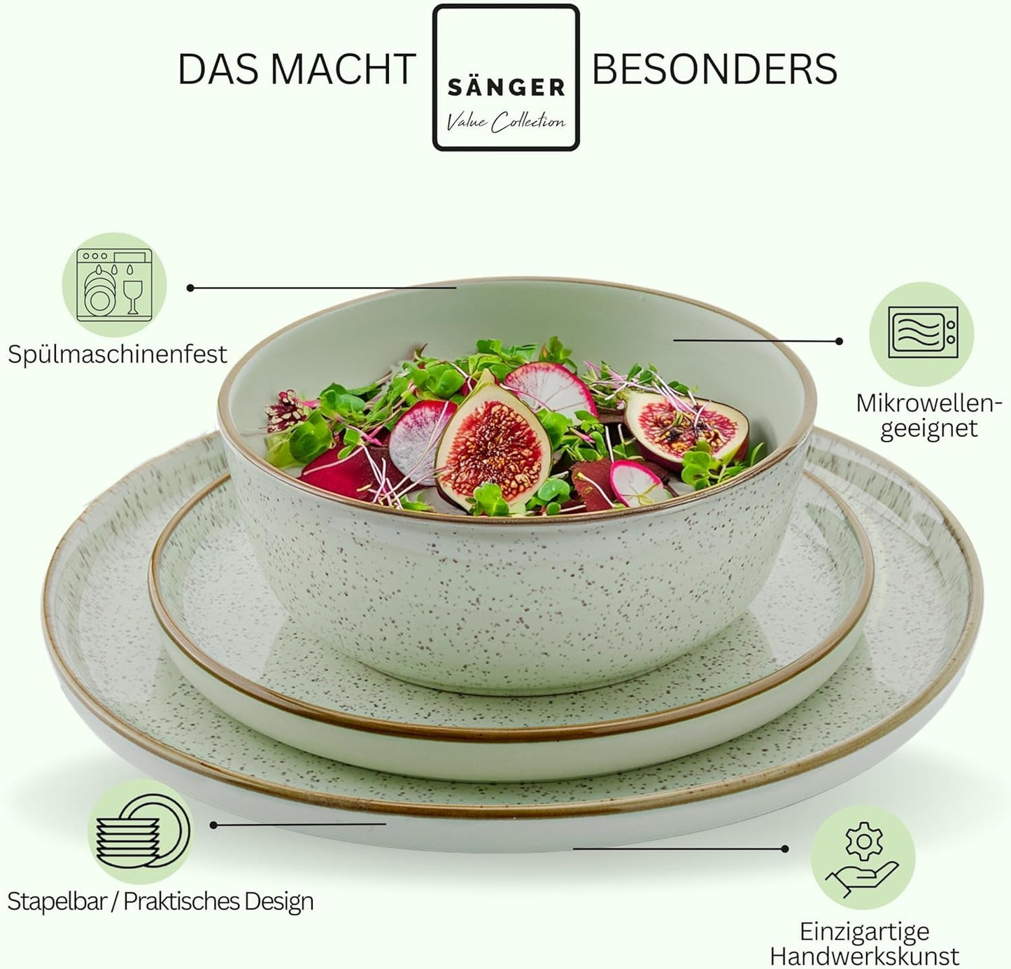 SÄNGER Rio Menta | Set di Stoviglie in Gres per 6, 6 Piatti, 6 Piatti da Dessert, 6 Ciotole, Verde Menta | LA COLLEZIONE DI VALORE