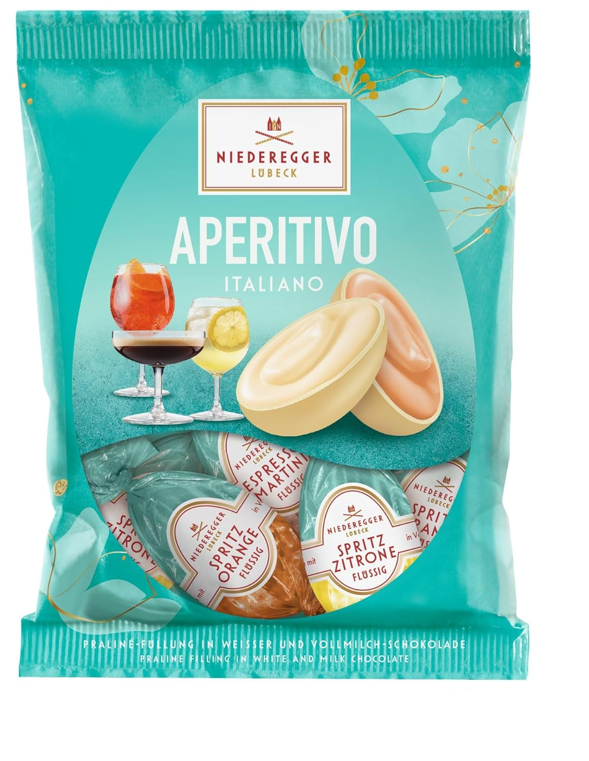 Niederegger | Uova pralinate | Antipasto Italiano | 1x87 g | Uova ripiene nei gusti Lemon Spritz, Orange Spritz e Espresso Martini | Ricoperto di cioccolato al latte e bianco | Regalo di Pasqua