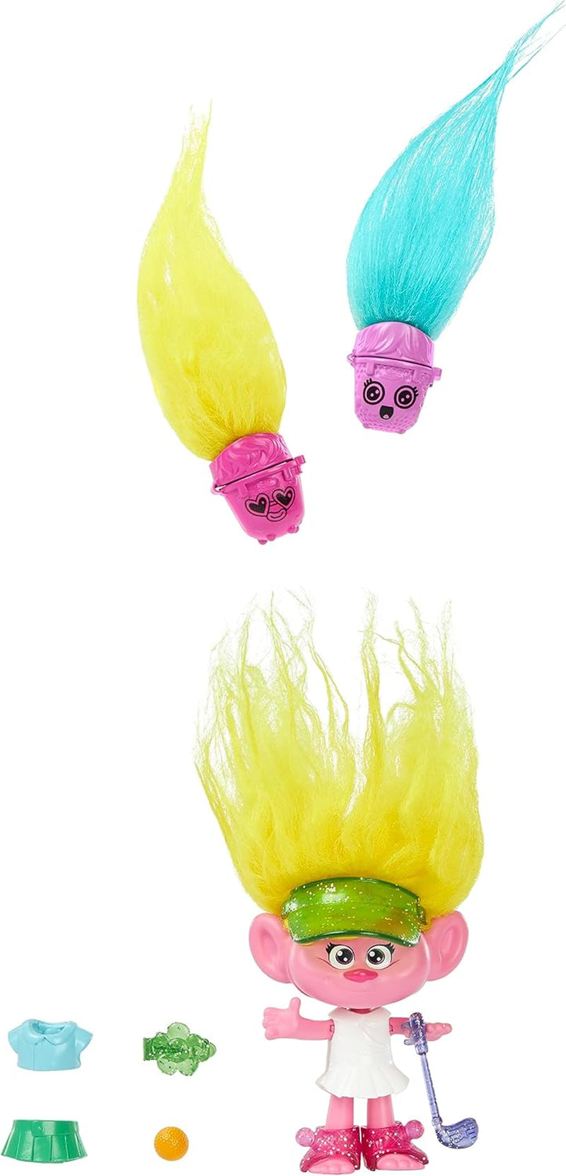 Mattel DREAMWORKS TROLLS United We Stand - Bambola Viva Hairy Surprises con capelli di peluche giallo brillante e 3 accessori a sorpresa, per bambini dai 3 anni in su, HNF11