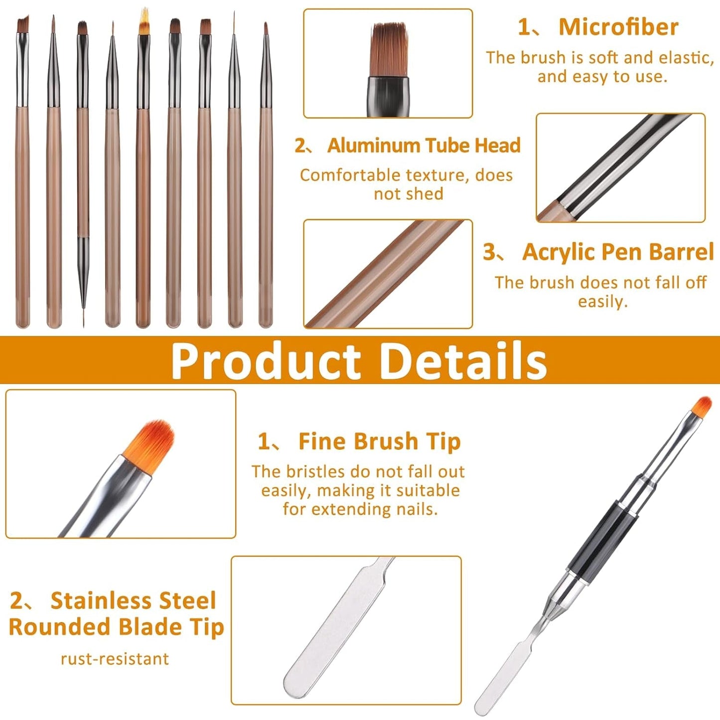 Set di 10 pinsel per nail art, pennelli per nail art Braun Pinsel per design per unghie Nageldesign Pinselfür Gelnägelfür Heimwerker Maniküre Salon Zuhause Nailpinsel Set