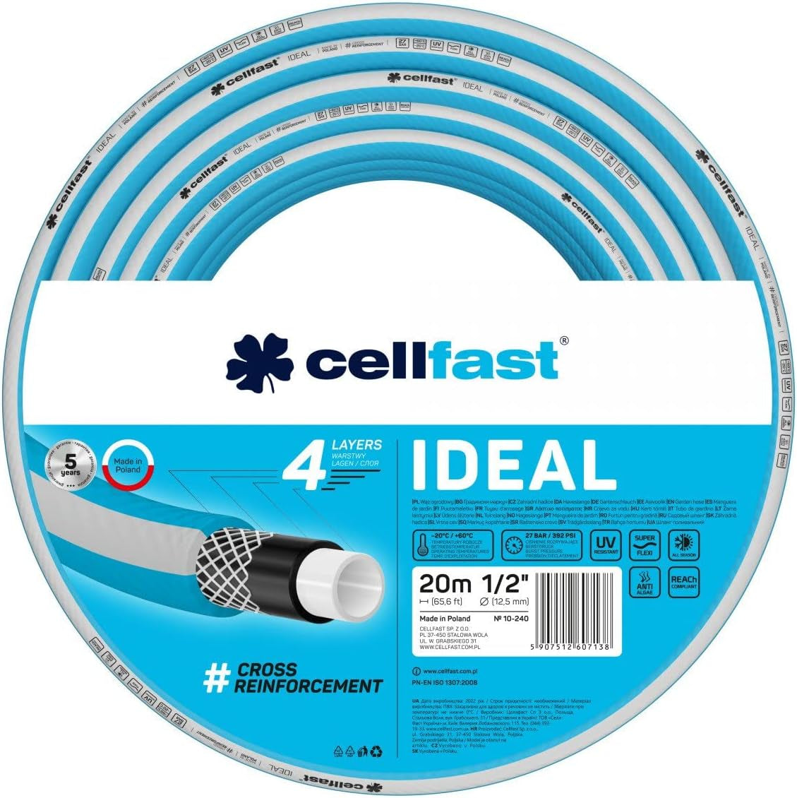 Tubo da giardino Cellfast IDEAL, Durevole, Flessibile, 4 strati, Treccia incrociata durevole, Resistente ai raggi UV e alle alghe, Tecnologia REACH, 27 bar, -20/+60° breve termine 1/2", 20m