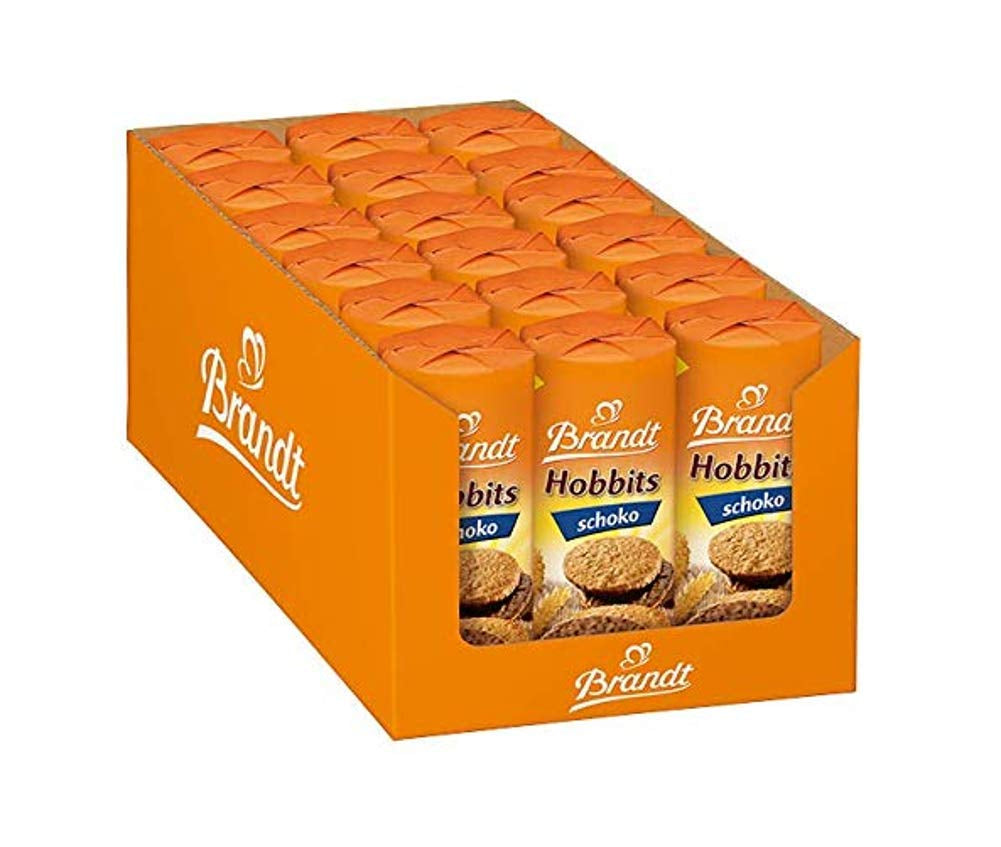 Brandt Hobbits Chocolate - Confezione da 18 - Scatola portaoggetti - Biscotti integrali con farina d'avena e cioccolato mezzo fine, ricchi di fibre (18 x 265 g)
