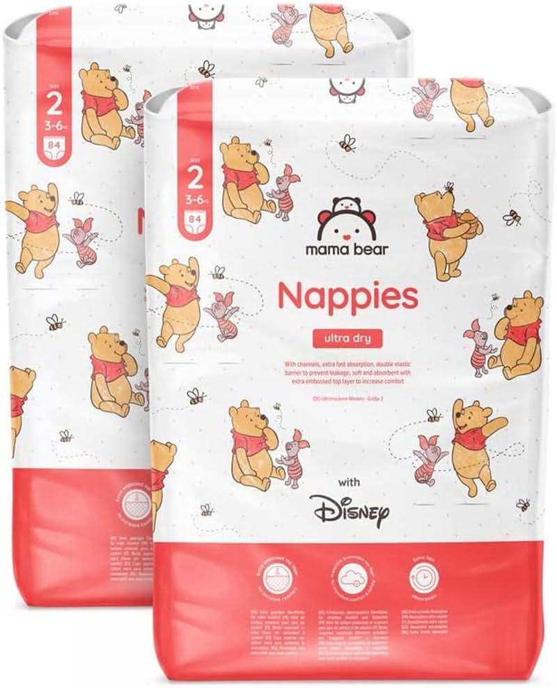 Mama Bear Disney Pannolini Ultra Dry Taglia 4 (8-14kg), Bianco, 84 Pezzi (1 Confezione) Naty Shop Taglia 2 (3-6kg) Confezione Mensile