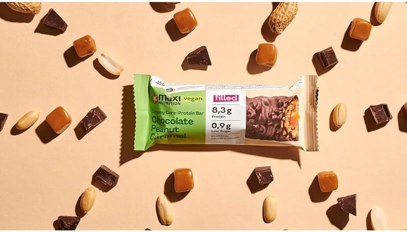 MaxiNutrition Barretta proteica vegana cremosa con cioccolato, arachidi e caramello 12x45g - barretta proteica vegana, 18% di proteine, 8,3 g per barretta, basso contenuto di zucchero (0,9 g), senza zuccheri aggiunti, senza aromi artificiali