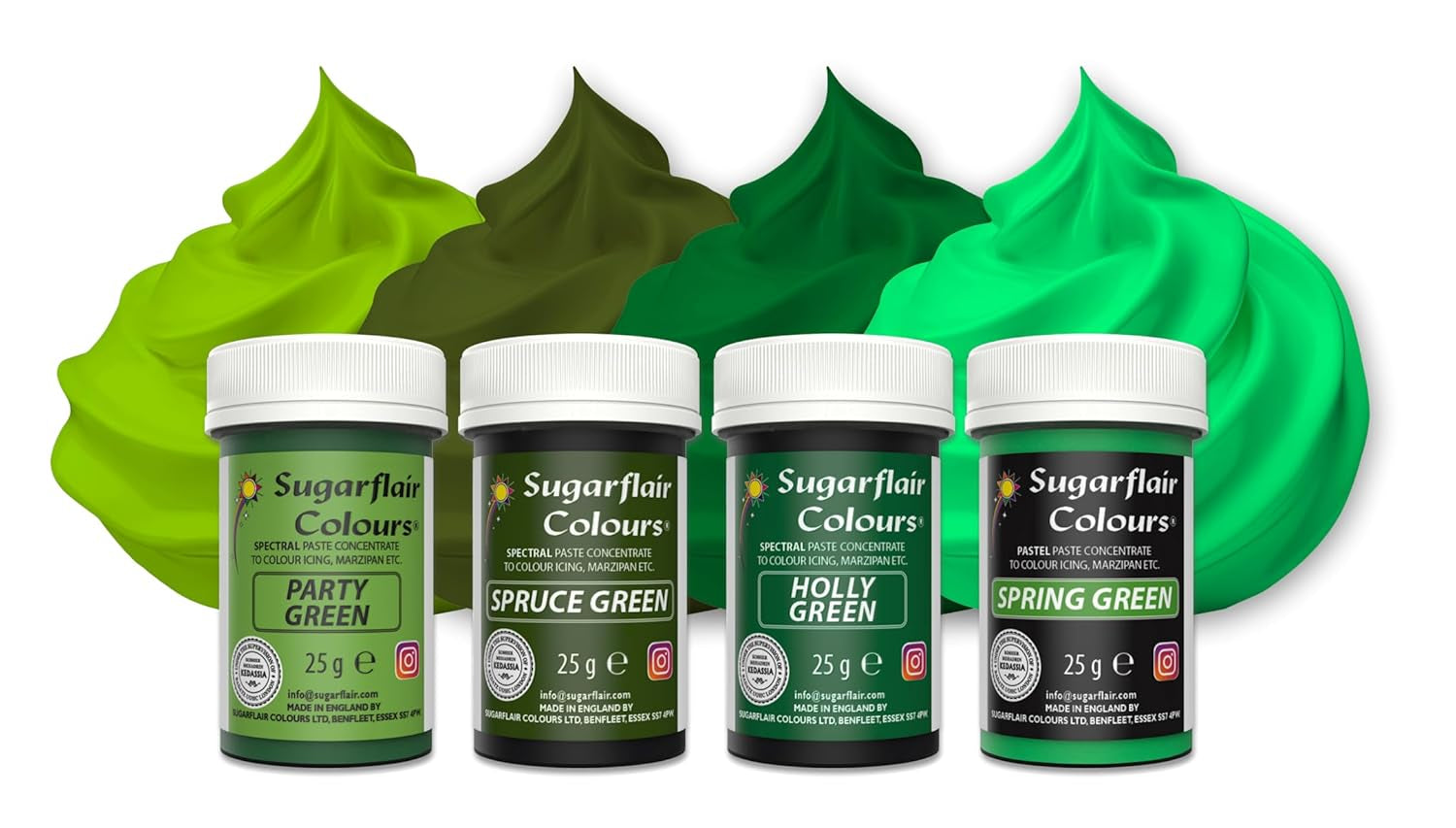 Sugarflair Pasta Colorante Alimentare, Verde, Set da 4, Colorante Alimentare per Pasta, Fondente, Marzapane, Pasta di Zucchero, Crema al Burro e Altro: Verde Ilex, Verde Primavera, Verde Abete, Verde Festa - Set di 4