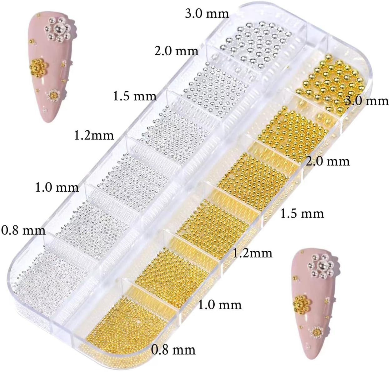 GZMAYUEN Nail Art Perle Micro Caviar Per Nägel, 0.3-3Mm Goldene Silber Mini Caviar Strasssteine, Weiß Beige Mini Nägel Perle Mikroperlen Dekor Per Nägel