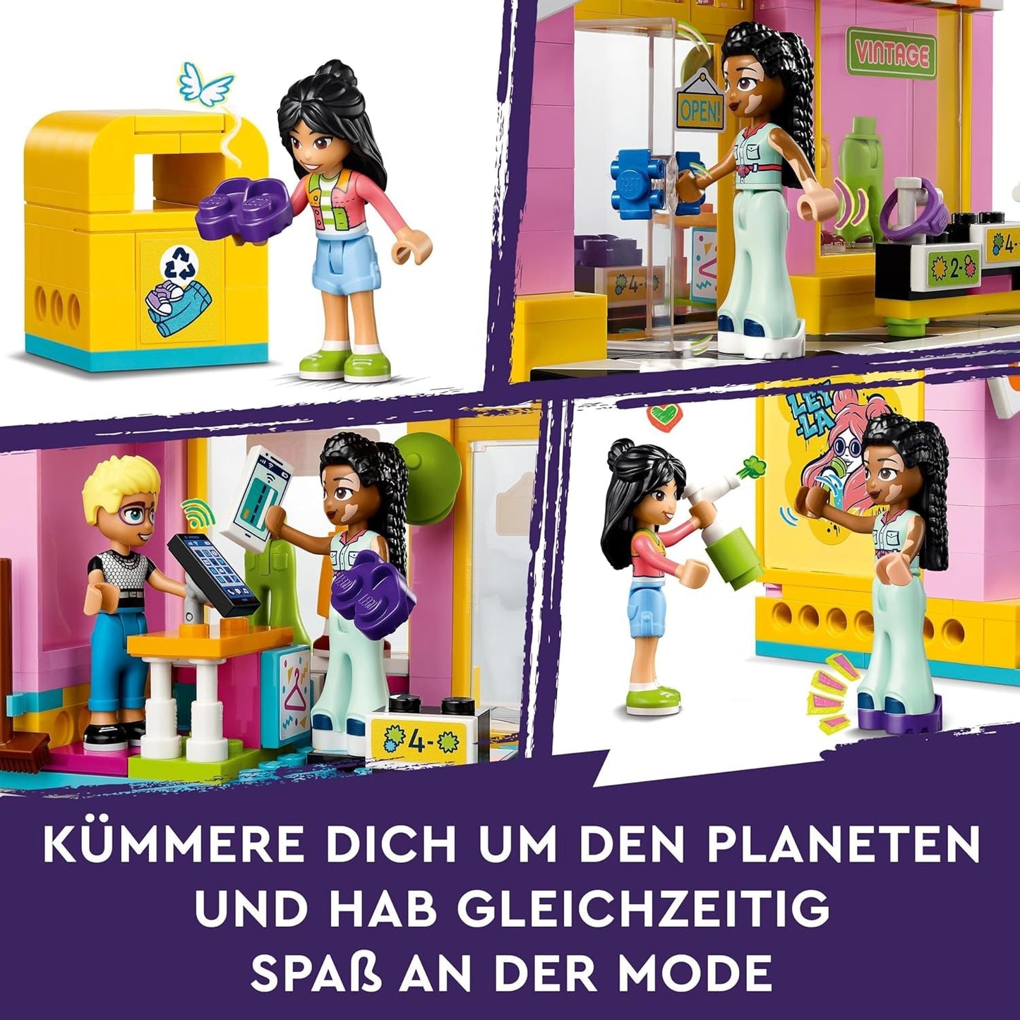 LEGO Friends Negozio di moda vintage Set da costruzione per bambini con negozio di giocattoli, personaggi e gatto, modello di gioco di ruolo per lo sviluppo socio-emotivo, regalo per bambine e bambini di 6 anni 42614 Set da costruzione Besuche den LEGO-Store