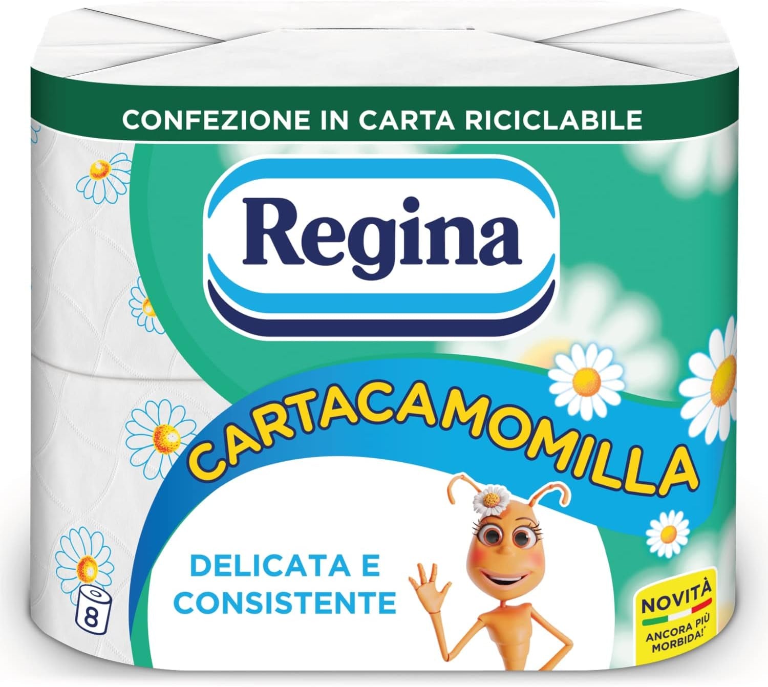Regina Cartacamomilla - Carta Igienica 8 Rotoli, 300 Soffici Fogli, 3 Veli, Morbida e Resistente, Confezione in Carta Riciclabile