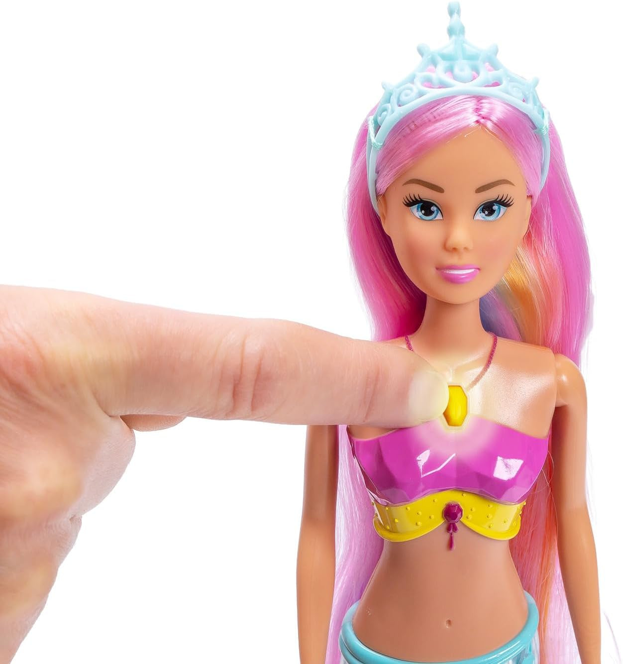 Simba Steffi Love Sirena Sirena con Funzione Luce Arcobaleno, Capelli Extra Lunghi, Figura di Delfino e Fermagli per Capelli, Altezza 39 cm, Funzione Try-Me, dai 3 anni in su