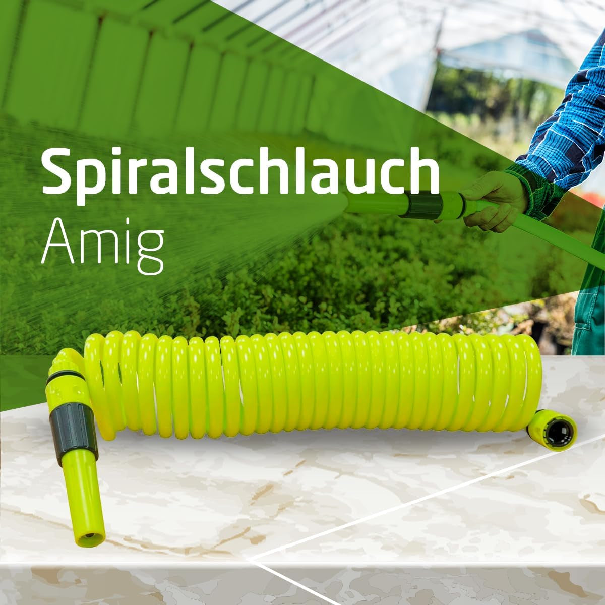 Amig - Tubo spiralato | Realizzato in polipropilene | Allungabile fino a 7,5 m | Include lancia per irrigazione, adattatore e 2 giunti | Verde pistacchio