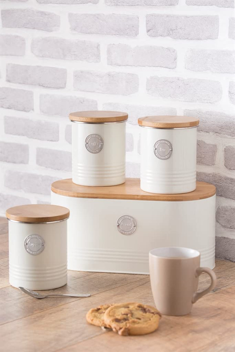 Collezione LIVING, zuccheriera con coperchio | pastello crema | scatola portaoggetti da cucina da 1 L per lo zucchero | contenitore per zucchero in acciaio con coperchio | Barattoli ermetici in bambù con coperchio Scatole per alimenti Naty Shop