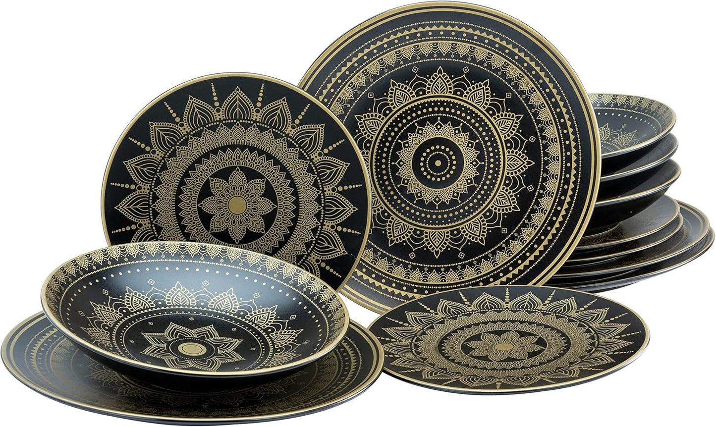CreaTable, 23588, serie MANDALA GOLD - Nero, set di stoviglie da 12 pezzi, set di piatti in porcellana, lavabile in lavastoviglie e adatto al microonde, produzione di qualità