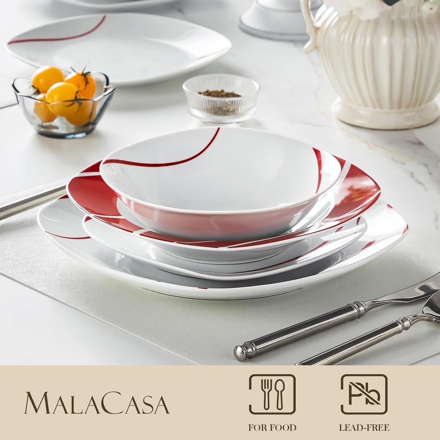 MALACASA Servizio Piatti per 6, Servizio Piatti Porcellana Felisa 24 Pezzi, Servizio Piatti Moderno con 6 Piatti Piani, Piatti Dessert, Piatti Suma e Ciotole, Perfetto per Natale e per l'uso quotidiano