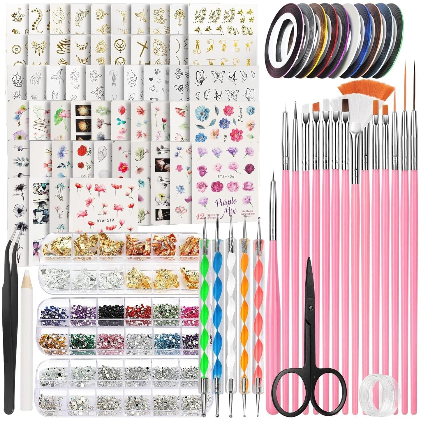 FANDAMEI 54 Blätter Wassertransfer Nagelsticker & Nail Art Pinsel Set, Penne a pois, Blattgold Für Nagelkunst, Streifenband, Strasssteine, Werkzeug und Dekorationen Set Für Nagelkunst Maniküre Set