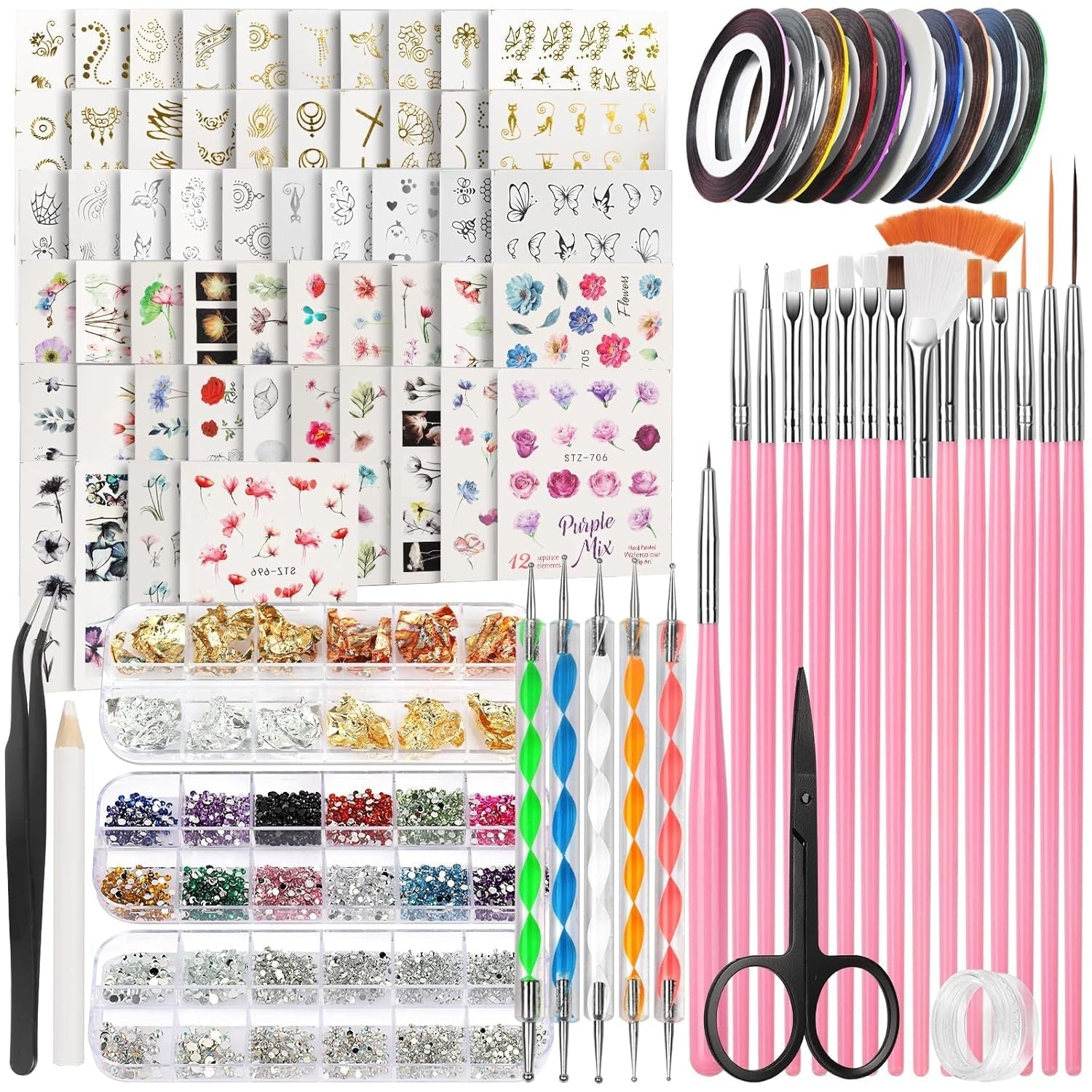 FANDAMEI 54 Blätter Wassertransfer Nagelsticker & Nail Art Pinsel Set, Penne a pois, Blattgold Für Nagelkunst, Streifenband, Strasssteine, Werkzeug und Dekorationen Set Für Nagelkunst Maniküre Set
