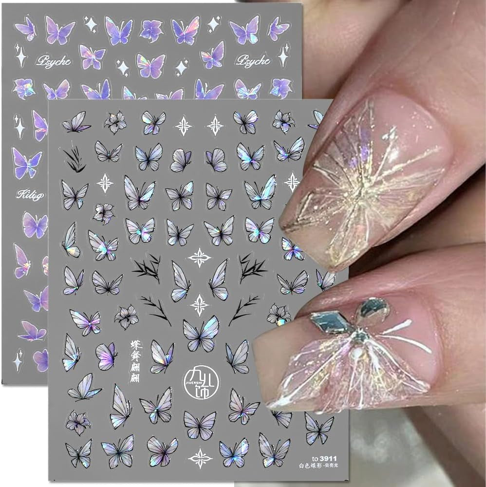 2 Blätter Schmetterling Nagelsticker Selbstklebend,Muschel Glitzer Nail Art Farfalla Adesivo per unghie Lila Grau Schmetterlinge Nagelaufkleber Relief Laser Farfalle Nagel Sticker Nageldesign Zubehör