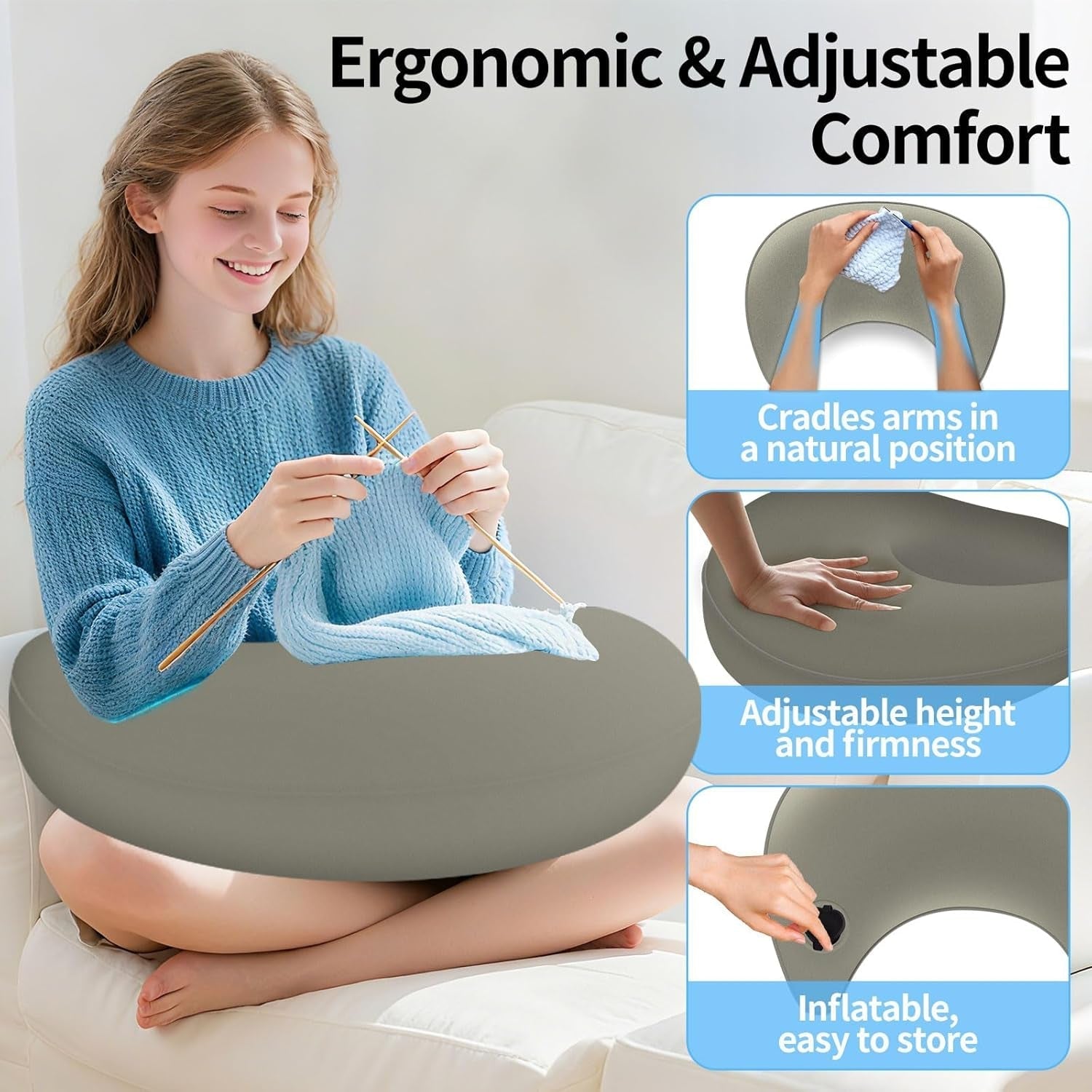 Cuscino da lettura e cuscino da gioco, cuscino da lettura gonfiabile portatile con custodia, cuscino ergonomico all'uncinetto per leggere, giocare, lavorare all'uncinetto e