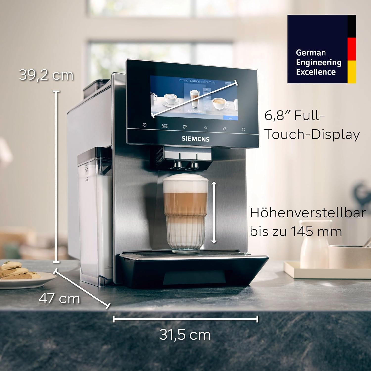 Macchina per caffè espresso automatica Siemens EQ900, ampio schermo a colori TFT, 2 contenitori di chicchi, 36 bevande calde e fredde, caffè freddo, super silenziosa, funzione due tazze, controllo app, acciaio inossidabile, TQ907D03
