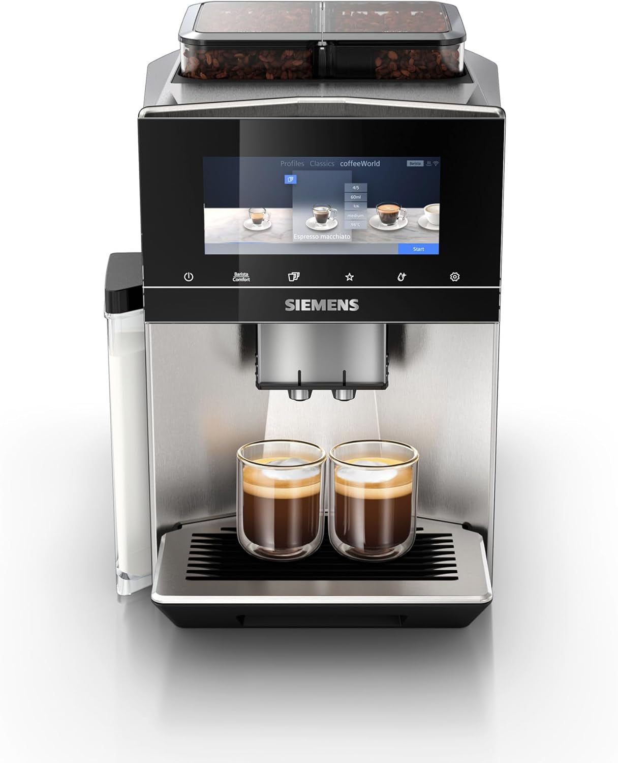 Macchina per caffè espresso automatica Siemens EQ900, ampio schermo a colori TFT, 2 contenitori di chicchi, 36 bevande calde e fredde, caffè freddo, super silenziosa, funzione due tazze, controllo app, acciaio inossidabile, TQ907D03