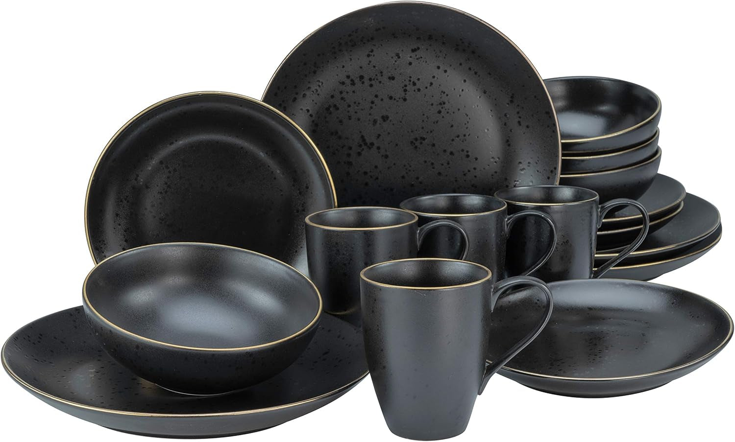CreaTable, 22699, serie Industrial Gold BLACK, set di stoviglie da 16 pezzi per 4 persone, servizio combinato in porcellana, lavabile in lavastoviglie e adatto al microonde, produzione di qualità