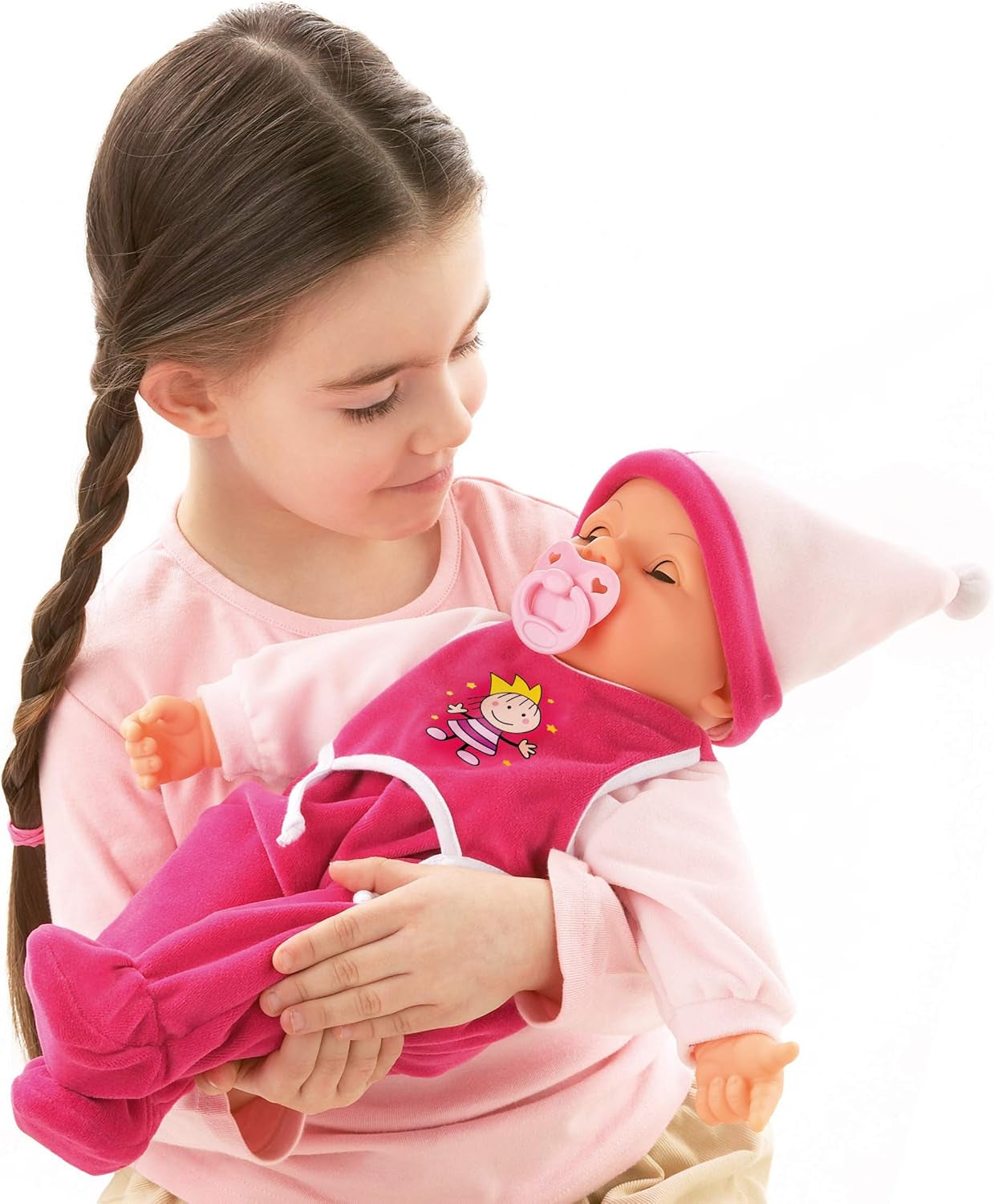 Funktionspuppe Hello Baby mit Geräuschen, bewegt den Mund, interattivo Puppe, Babypuppe, mit Zubehör, 46cm, rosa