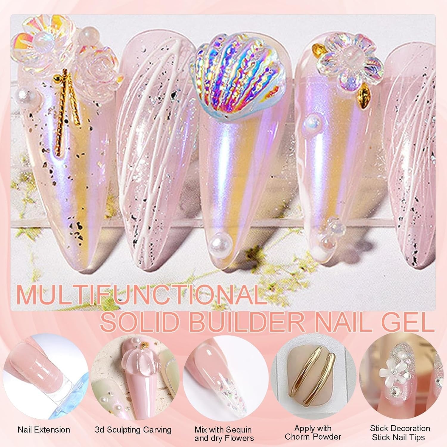 NAILGIL Smalto per unghie gel solido, Colla per unghie gel solido, Scultura per nail art 3D con set di strumenti, Salone per la casa fai-da-te, Trasparente 15G