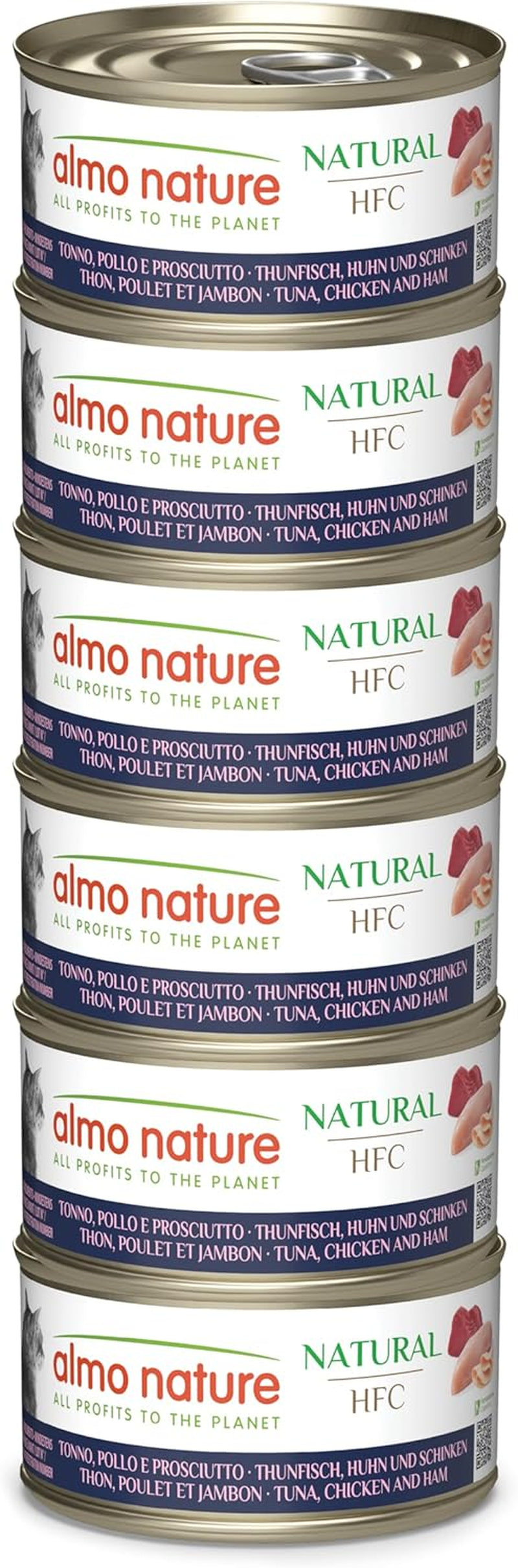 Almo Nature HFC Natural - Alimento umido per gatti adulti - Tonno, Pollo e Prosciutto - Qualità Human, Senza Glutine - 6 x 70g