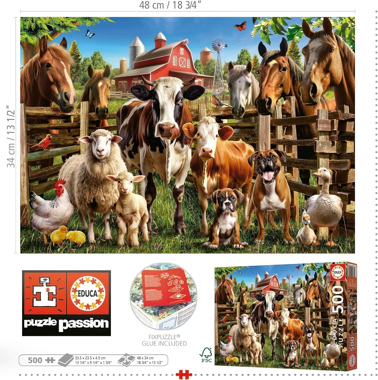 Educa - Puzzle da 500 pezzi per adulti | Animali da fattoria cattivi. Dimensioni: 48X34 cm. Include la colla per puzzle Fixpuzzle. Per 11 anni (19905) Puzzle Naty Shop