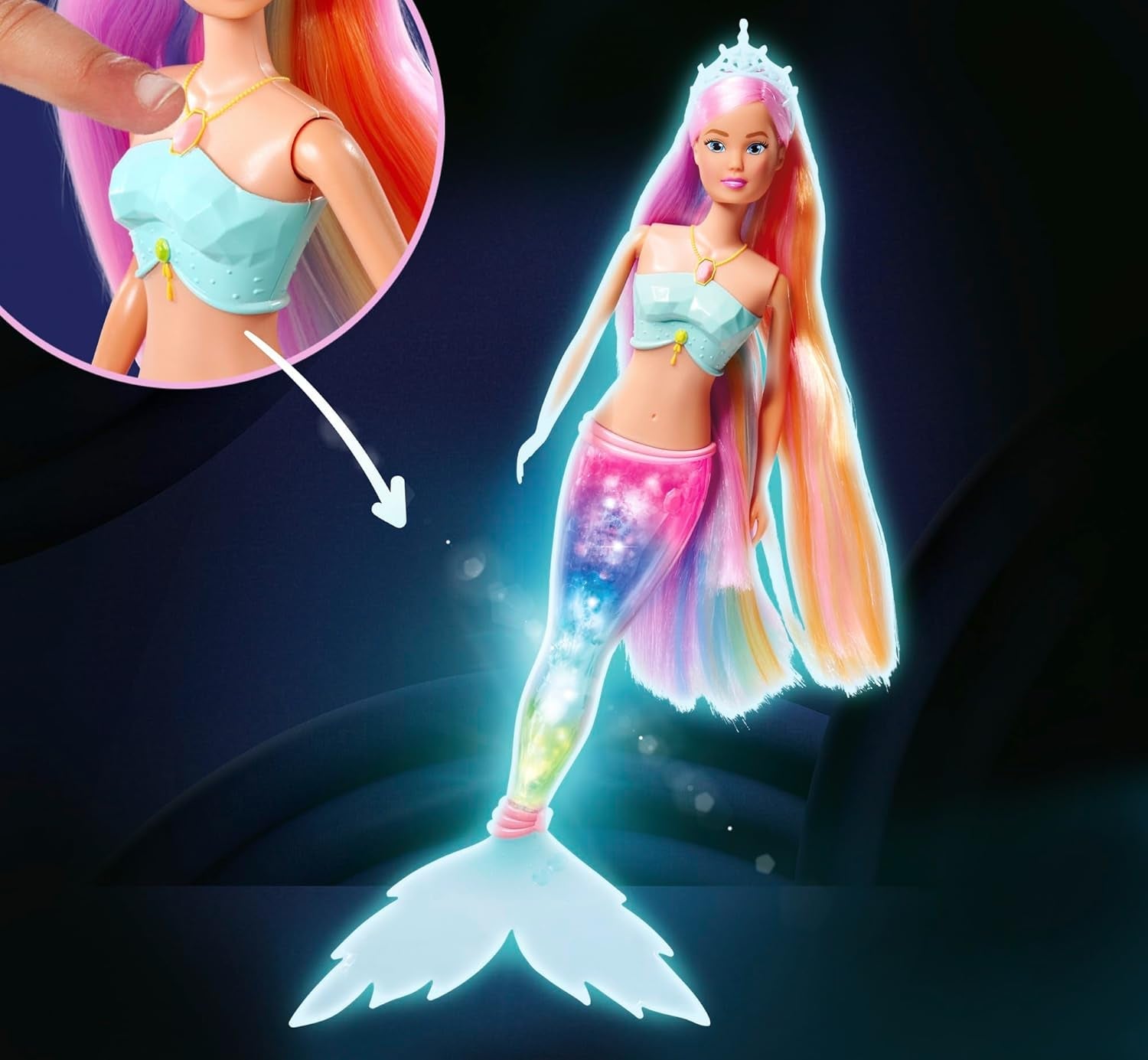 Steffi Love Magic Rainbow Sirena, Bambola Sirena con Funzione di Luce Magica Arcobaleno e Capelli Extra Lunghi, 39 cm, dai 3 Anni in su